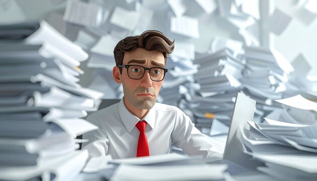A stressed office worker overwhelmed by a massive mountain of paperwork and documents while sitting at a desk with a computer in the office.