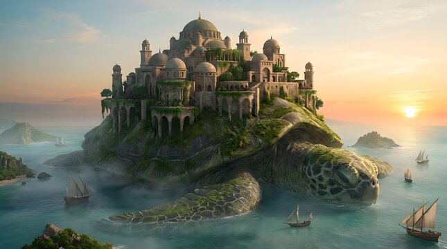 Ancient fantasy city built on the back of a giant sea turtle