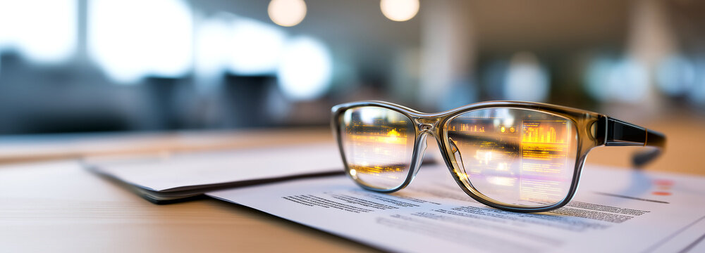 Eyeglasses on business documents with reflection of digital financial charts and office interior background