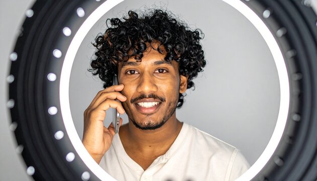 A happy young man with curly hair talking on his smartphone while being illuminated by a bright circular ring light in a studio setting.