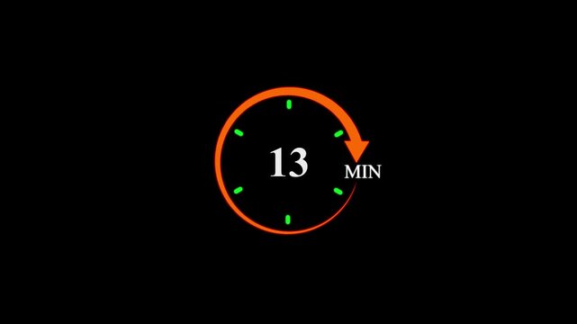 13 min clock icon animation. arrow Clock 13-minute icon Digital and analog clock 13 minutes isolated on white background. 15 minute timer symbol, isolated on transparent background with alpha channel.