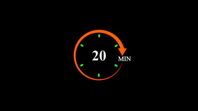 circle timer icon showing 20 minutes with markings and an arrow on black background 4k motion video animation.