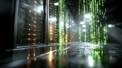 Obraz premium Futuristic Data Center Hallway with Glowing Green Digital Streams of Information