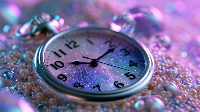Eine Nahaufnahme einer glitzernden Taschenuhr liegt auf einem schimmernden, kristallinen Untergrund mit lila und rosa Lichtreflexen.
