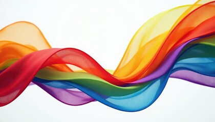 Obraz premium Wavy rainbow colored fabric flows smoothly. Translucent material waves create a vibrant spectrum of colors on white background, evoking joy and movement.