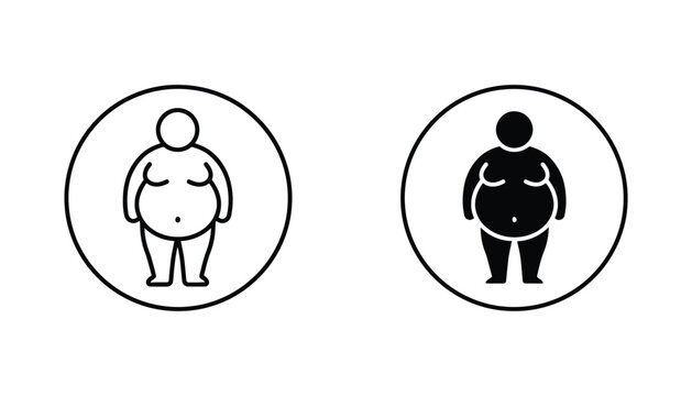 Overweight human body silhouette icon set inside circles for health and wellness tracking in black and white line art vector style