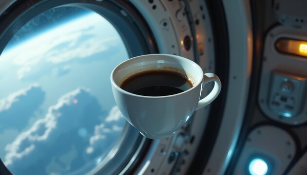 Coffee cup floats in zero gravity near spaceship window with Earth view. Astronaut drinks hot beverage in orbit. Space station interior, cosmic journey.