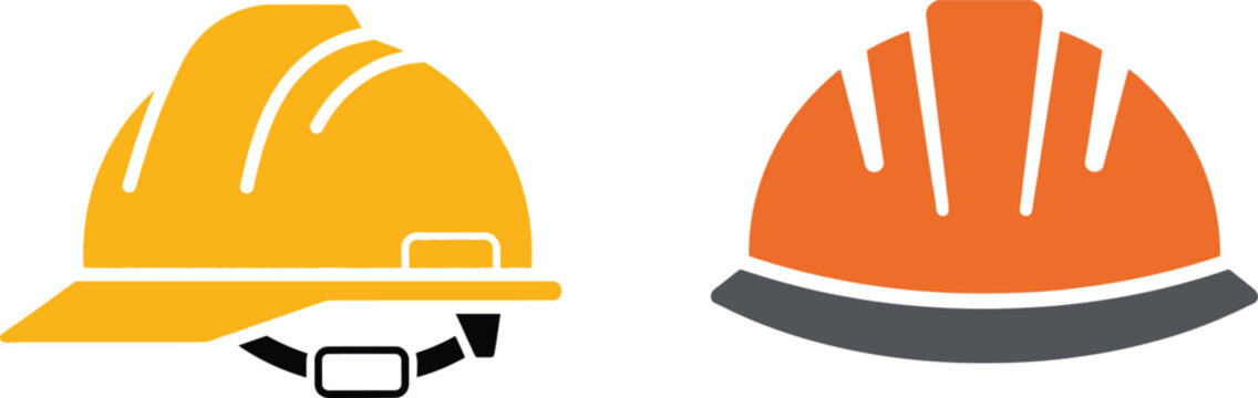 Construction Safety Helmets Set, Hard Hat Icons in Yellow and Orange Colors