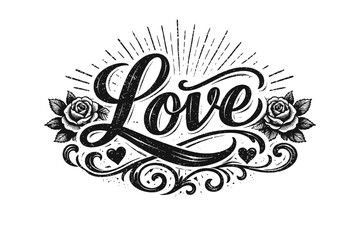 Obraz premium Black and white illustration of the word 'Love' with roses and hearts on white background for Valentine's Day or romantic designs
