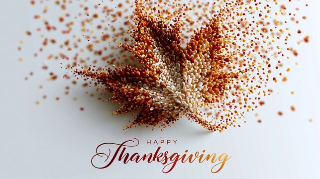 Ein goldenes Herbstblatt aus Glitzerpartikeln ist auf einem wei&szlig;en Hintergrund mit dem Schriftzug &bdquo;Happy Thanksgiving" zu sehen.
