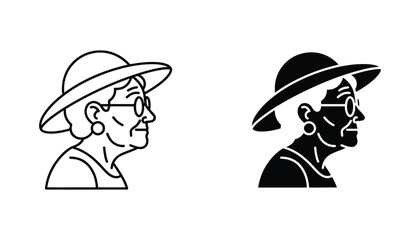 Profile portrait of an elderly woman wearing a sun hat and glasses representing active senior lifestyle and graceful aging in a clean minimalist vector style © Anchor