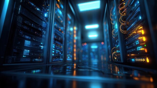 Modern data center server room with glowing blue and orange lights, reflecting on a polished floor