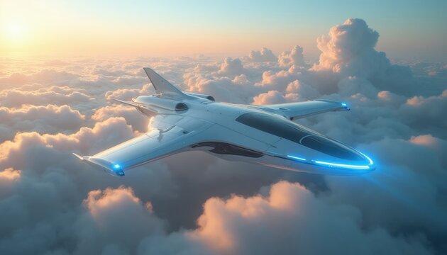 Sleek futuristic aircraft glides through clouds at sunset. Advanced aerospace vehicle flies above atmospheric layer. Experience future flight technology and exploration.