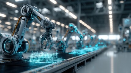Fototapeta premium Advanced robotic arms and futuristic technology integrating on a modern automated assembly line