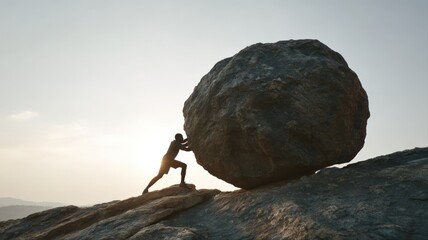 Obraz premium Silhouette of a person pushing a massive boulder uphill against a bright sky, symbolizing struggle and perseverance