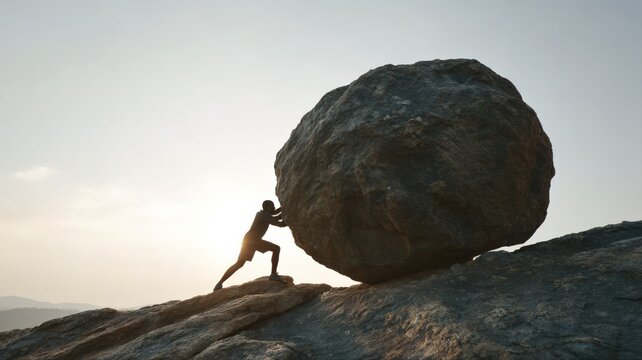 Silhouette of a person pushing a massive boulder uphill against a bright sky, symbolizing struggle and perseverance