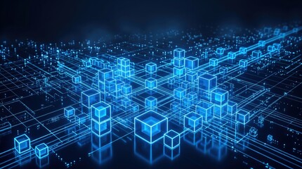 Obraz premium Expansive digital network of glowing blue cubes and lines