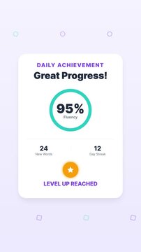 Language learning achievement screen with level up