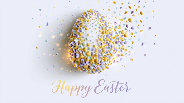 Ein Ei aus wei&szlig;en und gold-gelben Partikeln auf hellgrauem Hintergrund mit dem Schriftzug &bdquo;Happy Easter".