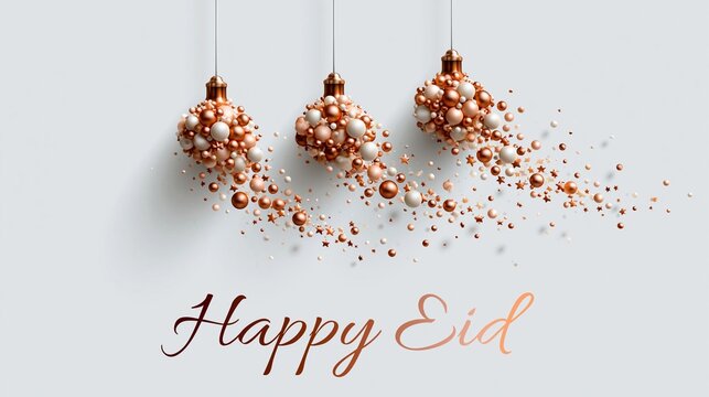 Drei h&auml;ngende Laternen aus kupferfarbenen Partikeln auf wei&szlig;em Hintergrund mit dem Schriftzug &bdquo;Happy Eid".