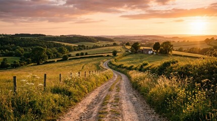 Obraz premium A winding dirt road leading through a lush, green countryside at sunset, with a small house and trees in the distance.