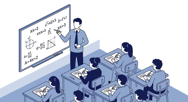 Teacher standing by a classroom board.