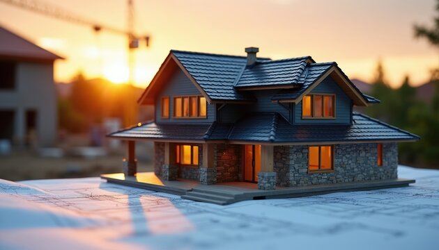 Small house model rests on architectural blueprints at sunset. Construction crane visible in blurred background. Home building plans laid out.