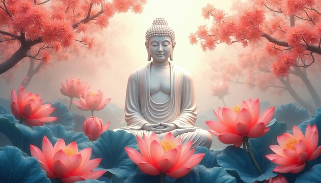 White Buddha statue meditates among pink lotus flowers, blooming coral trees. Serene spiritual scene with tranquil atmosphere evokes peace, mindfulness. Calmness meditation zen Buddhist practice.