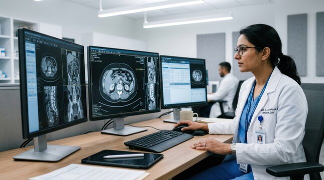 A medical professional working at a desk with multiple computer monitors displaying medical images.
