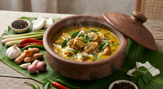 Hyper realistic beef rendang served in a brown claypot bowl, dark rich coconut spice sauce coating tender beef chunks