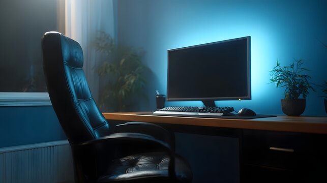 Modern home office workspace featuring a glowing blue ambiance a computer monitor and an ergonomic chair