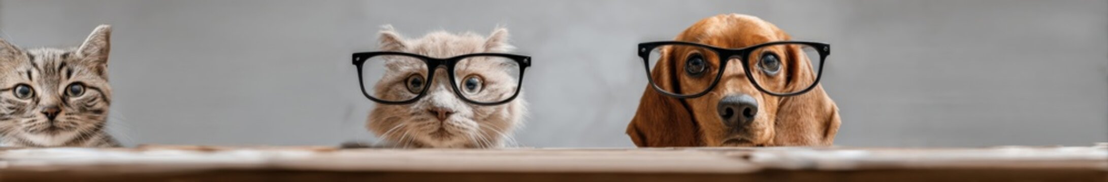 Three adorable pets including a tabby cat and a beagle dog wearing glasses, looking smart and curious