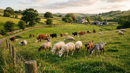 Obraz premium A herd of sheep grazing in a lush green field with a wooden fence and a country house in the background.