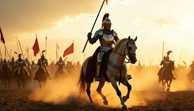 Armored knight on white horse charges forward with lance. Battle scene unfolds at sunset with dust, flags, and soldiers charging across field. Medieval warriors on cavalry horses ready for combat.