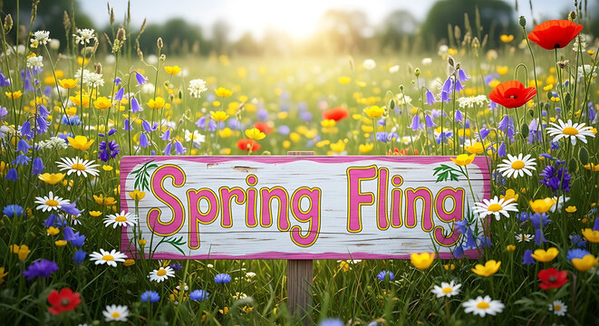 Spring Fling Wooden Sign in Colorful Wildflower Meadow with Poppies and Daisies