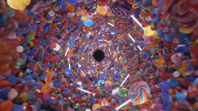 Colorful candies swirl together creating a fascinating vortex effect. Bright and joyful setting enhances the playful atmosphere. Concept of confectionery, event marketing, festive decorations