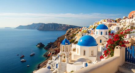 Stunning panoramic view of Oia village with blue domed churches and Aegean Sea in Santorini © sahenur89