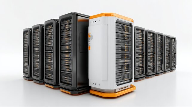 Modern server rack array in a clean white data center environment, highlighting technology and network infrastructure.