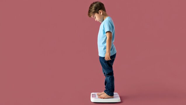 A young boy stands on a scale, looking concerned about his weight against a pink background
