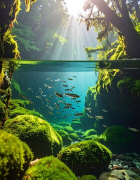 Split-level image showcasing a serene underwater scene teeming with fish, illuminated by sunlight filtering through forest