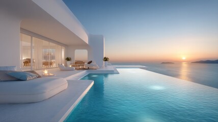 Naklejka premium Luxurious modern villa with infinity pool overlooking the ocean at sunset