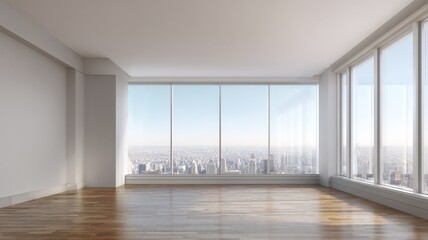 Obraz premium Spacious Modern Office Space with Panoramic City Views and Polished Hardwood Floors