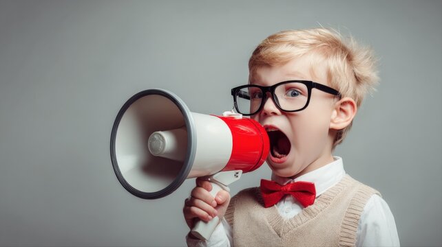 Excited young boy wearing glasses and bow tie shouts through a red and white megaphone