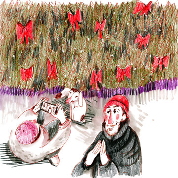 llustration of People and Dog by Christmas Tree