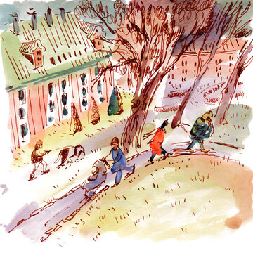 Watercolor Painting of European Town Park Scene