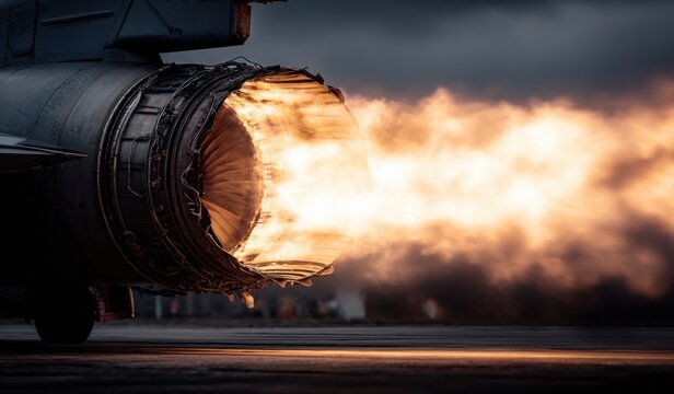 Close-up of a powerful jet engine's afterburner igniting, creating intense flames and exhaust during takeoff preparation