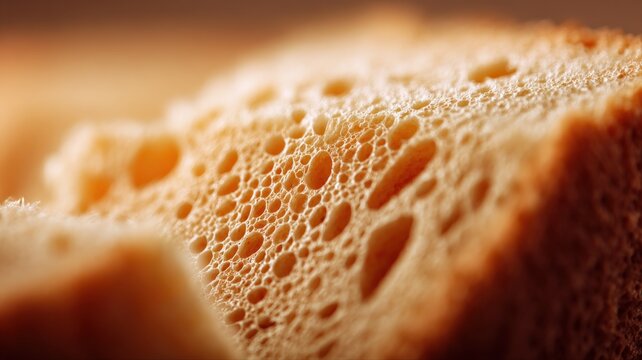 Close-up extreme macro shot of a golden brown baked bread crust with airy porous texture