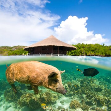 Split-level view depicts a pig swimming underwater near a vibrant coral reef with various fish. A tropical building is visible