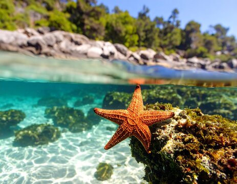 Split-level shot featuring a starfish submerged near shore. Above, the beach with trees. Below, the sea with reefs and sunlight