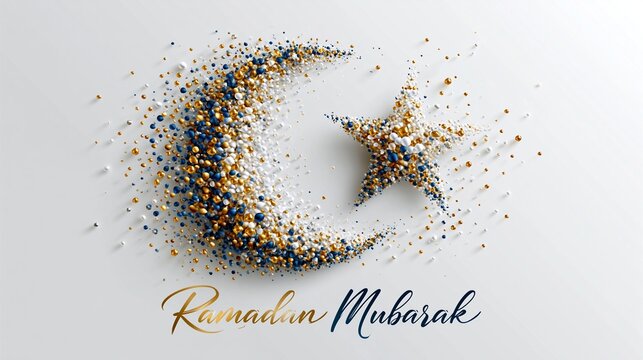 Halbmond und Stern aus goldenen Glitzerpartikeln auf wei&szlig;em Hintergrund mit dem Schriftzug &bdquo;Ramadan Mubarak".
